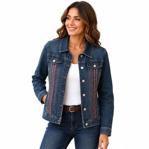HANNAH Denim Jacket Colorful Geometric Embroidered Back Front Pockets Medium